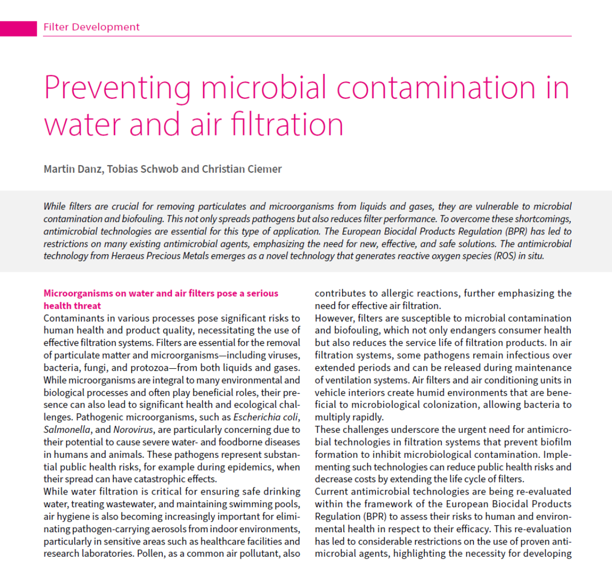 Preventing microbial contamination in water and air filtration