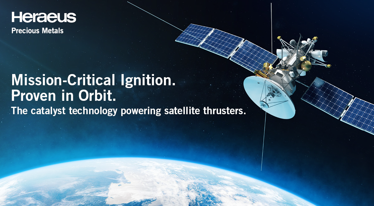 Heraeus ad showing a satellite in orbit highlighting catalyst technology for satellite thrusters.